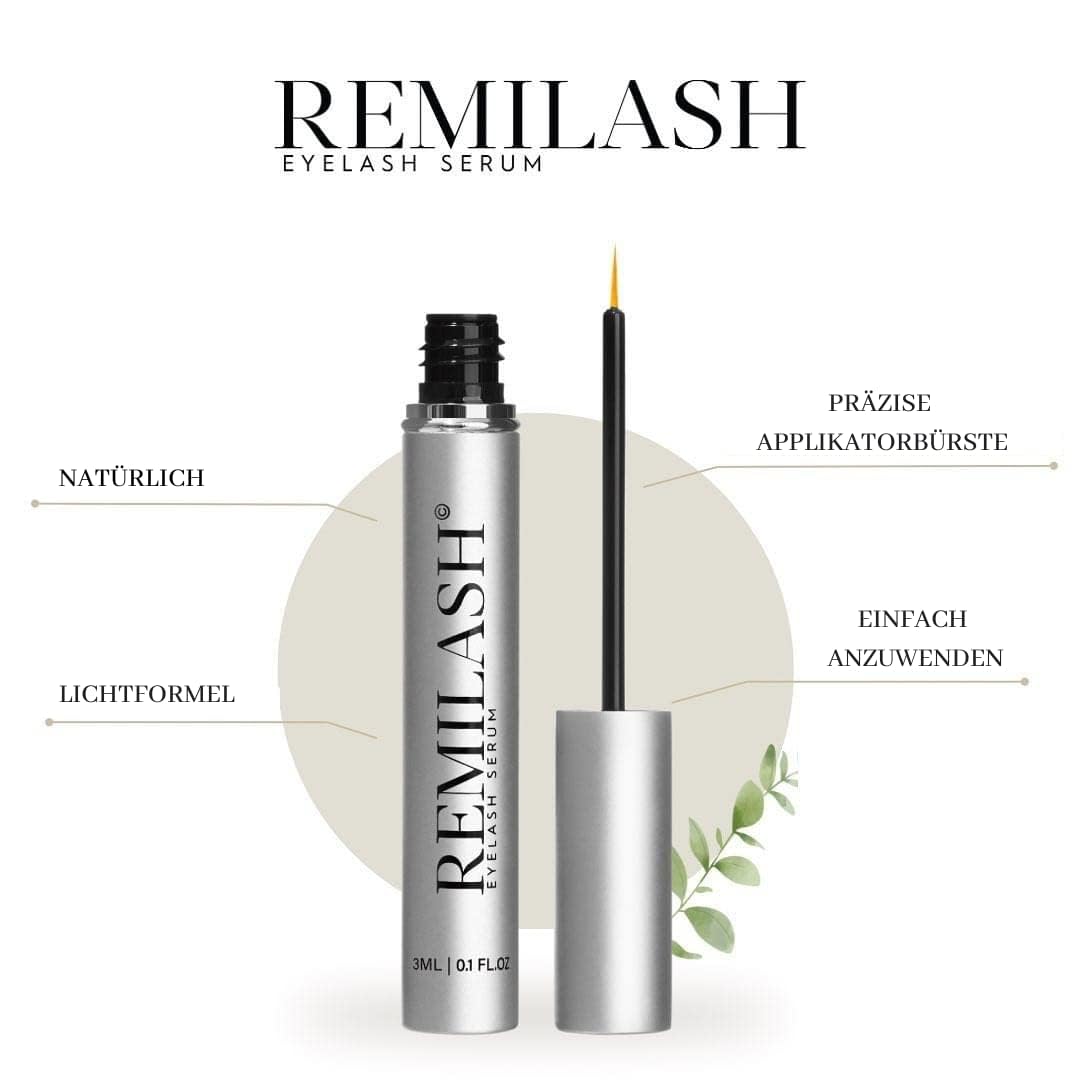 Remilash Wimpernserum 3 ml - 100% Organic, Schnelles Wachstum in 4 Wochen, Ohne Hormone, Für Empfindliche Augen