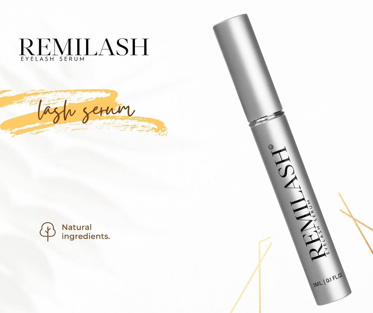 Remilash Wimpernserum 3 ml - 100% Organic, Schnelles Wachstum in 4 Wochen, Ohne Hormone, Für Empfindliche Augen