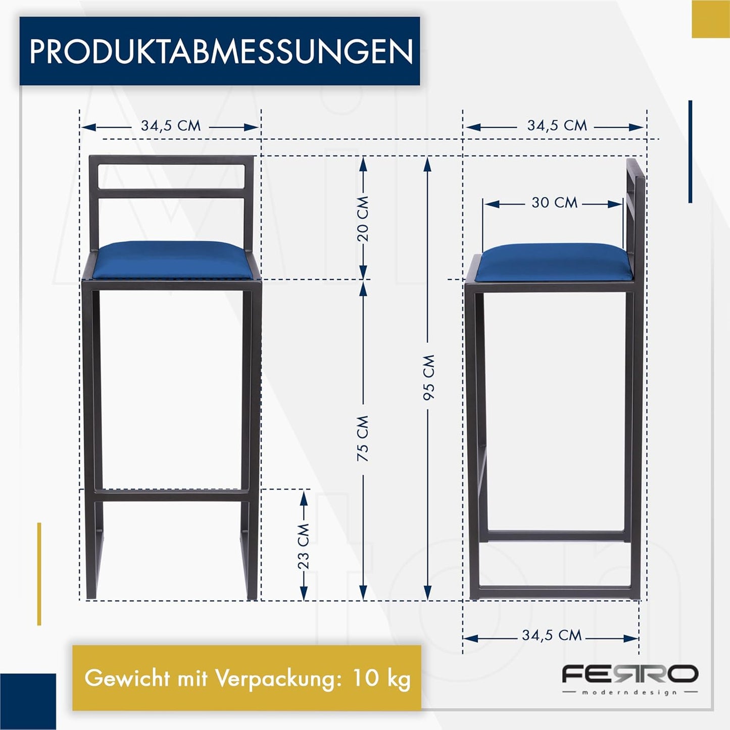 FERRO Barhocker mit Lehne – Metall Barstuhl mit Polstersitz im modernen Loft Design