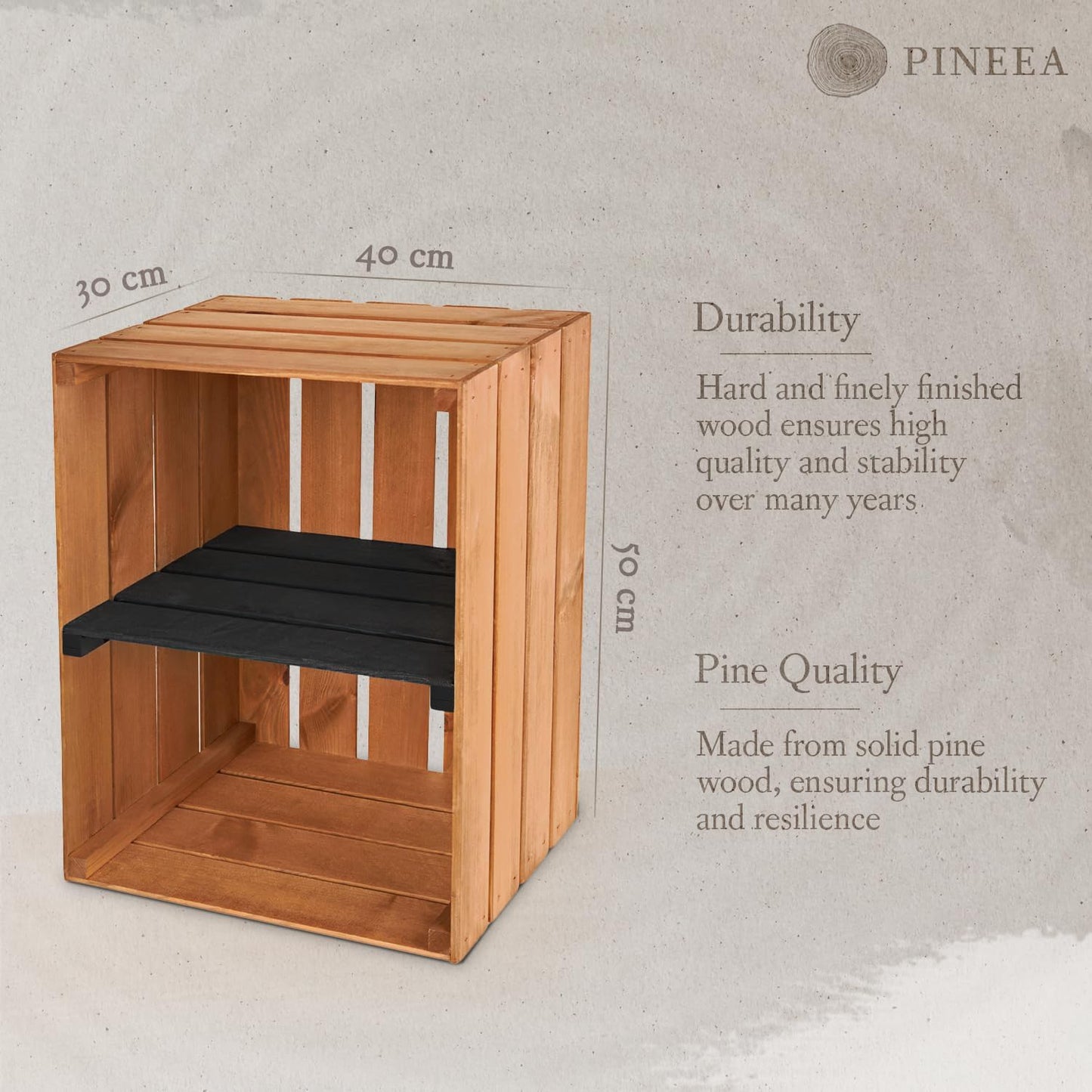 PINEEA Große Holzkiste Regal - Geflammt Vintage Obst- und Weinkiste 50x40x30 - Deko Holzbox