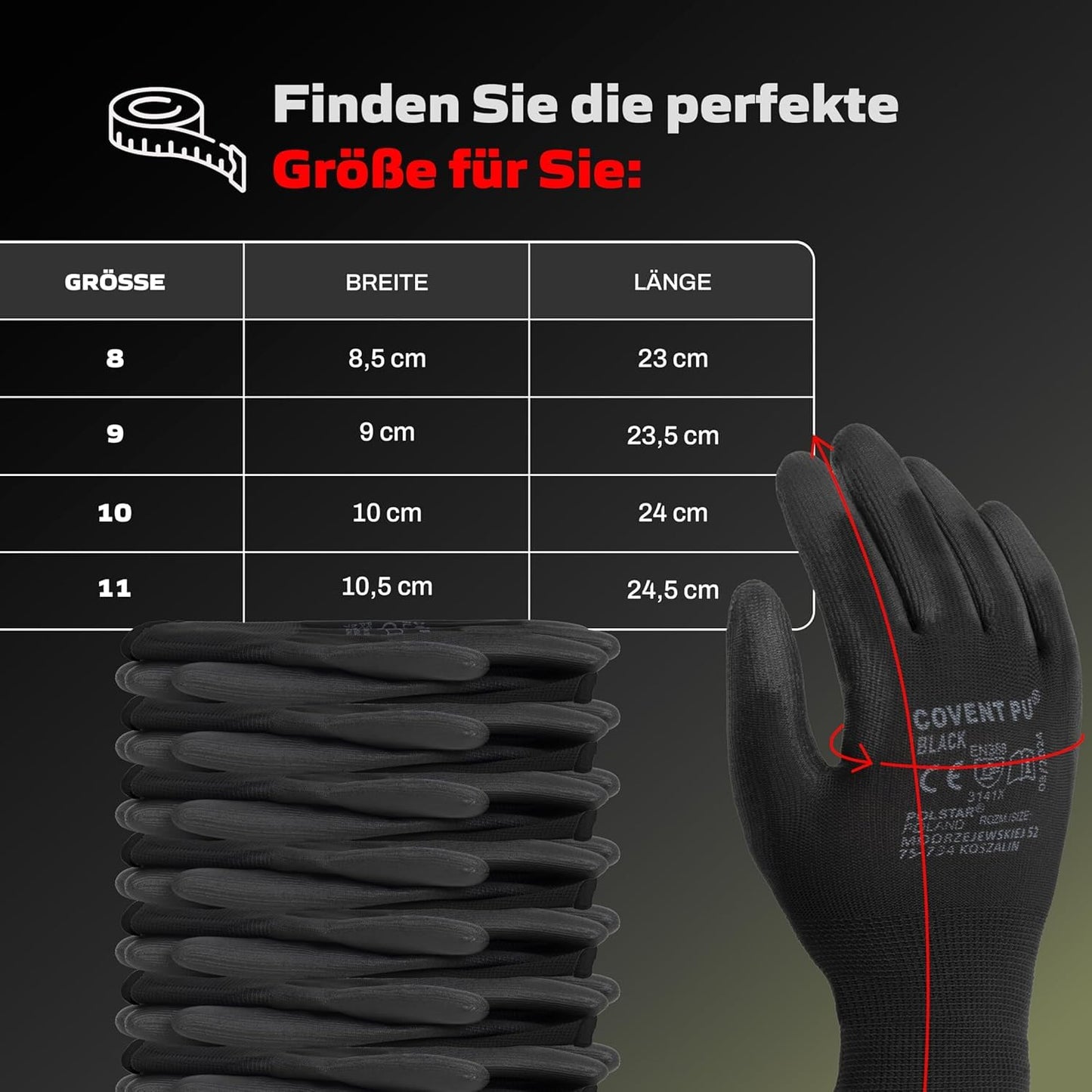 Covent PU Arbeitshandschuhe für Herren – Montagehandschuhe EN388 3141X – Abriebfeste Bauhandschuhe für Werkstatt, Lager und Mechanik