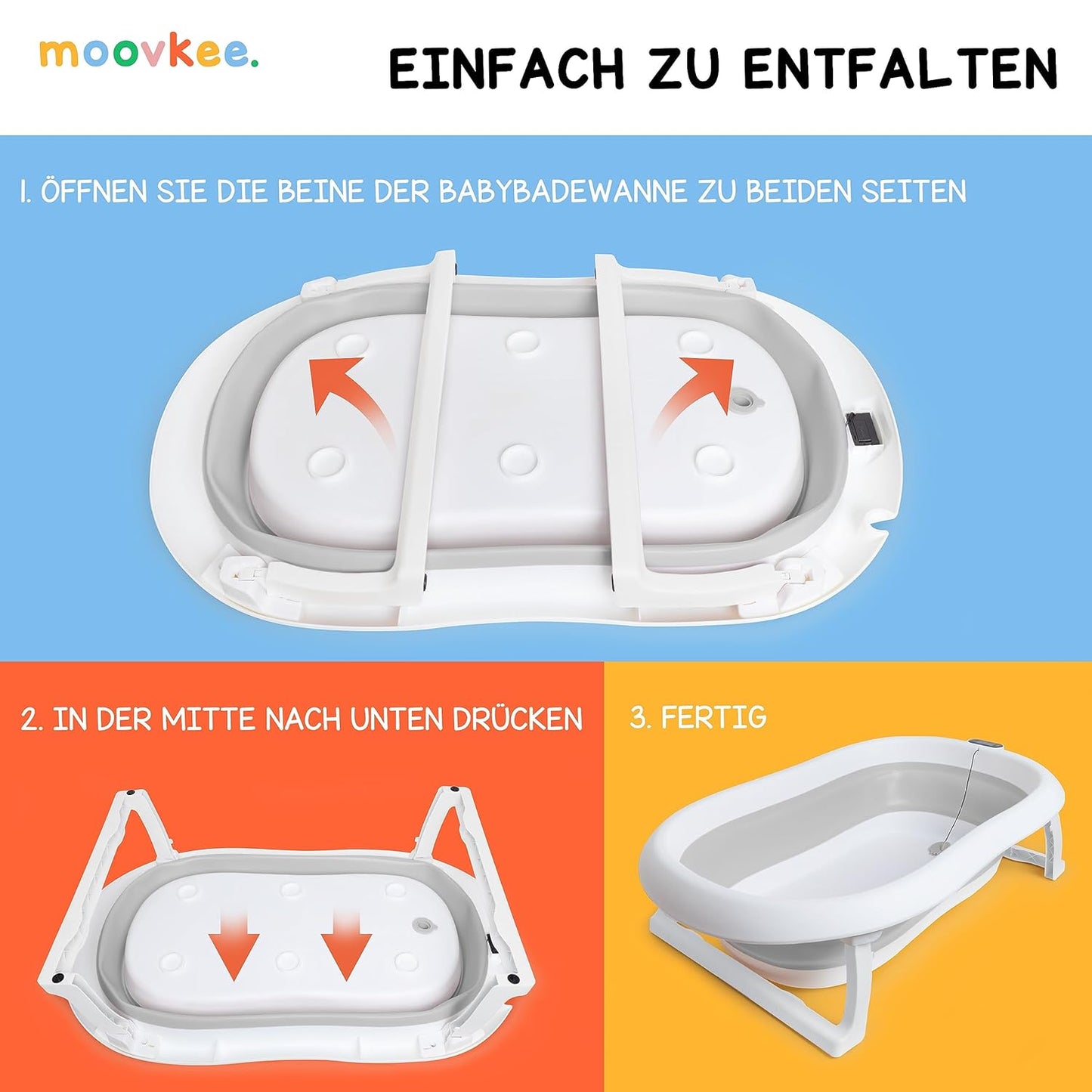 moovkee. Baby Badewanne 84,5cm Höhe - LCD-Thermometer - mit Komfort Badewannenkissen um das Baby zu Unterstützen - bis zu 30 kg