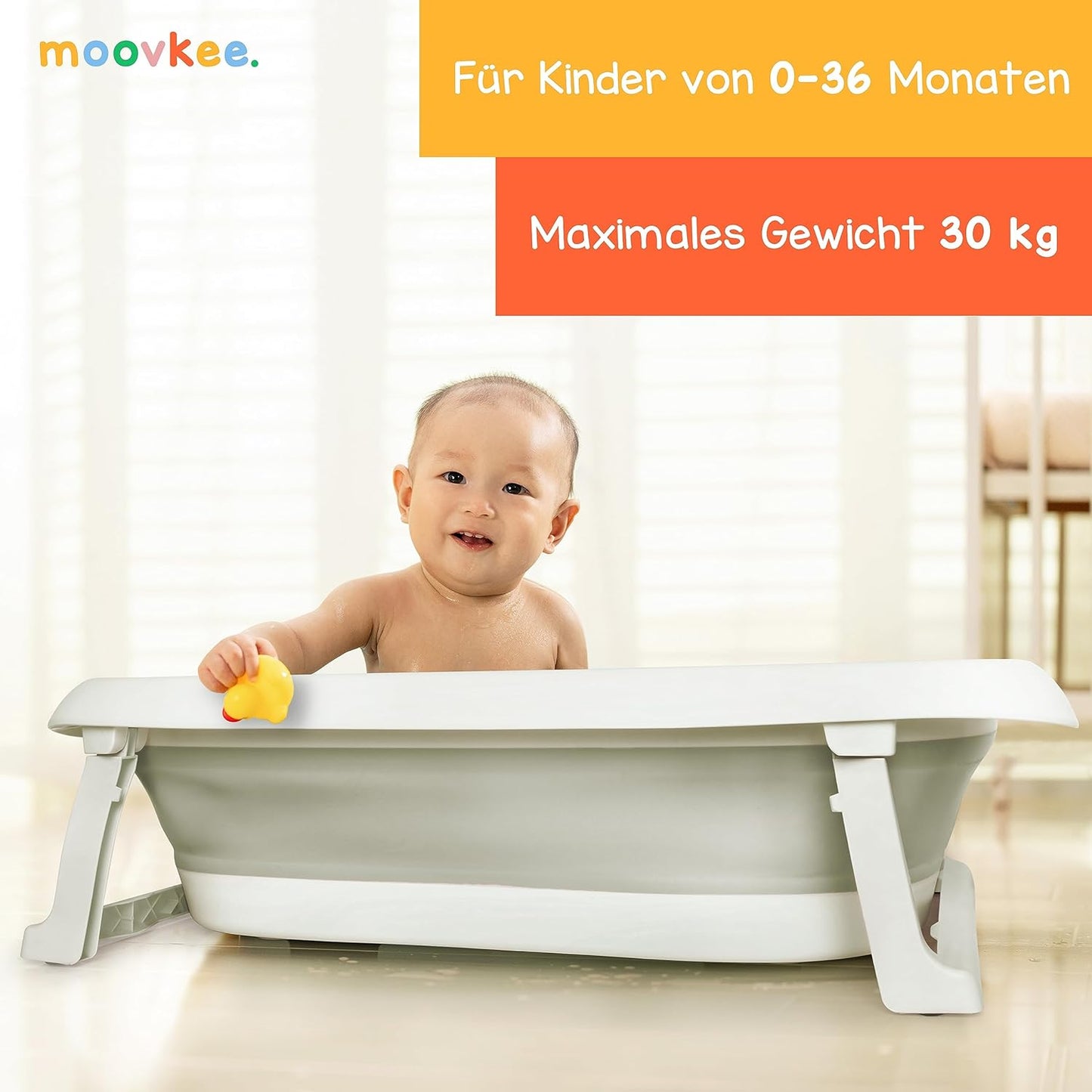 moovkee. Baby Badewanne 84,5cm Höhe - LCD-Thermometer - mit Komfort Badewannenkissen um das Baby zu Unterstützen - bis zu 30 kg