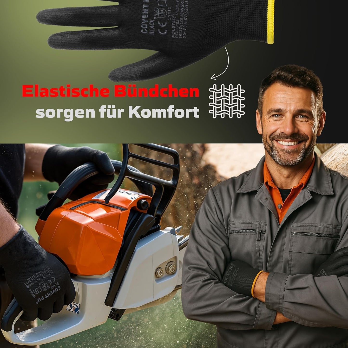 Covent PU Arbeitshandschuhe für Herren – Montagehandschuhe EN388 3141X – Abriebfeste Bauhandschuhe für Werkstatt, Lager und Mechanik