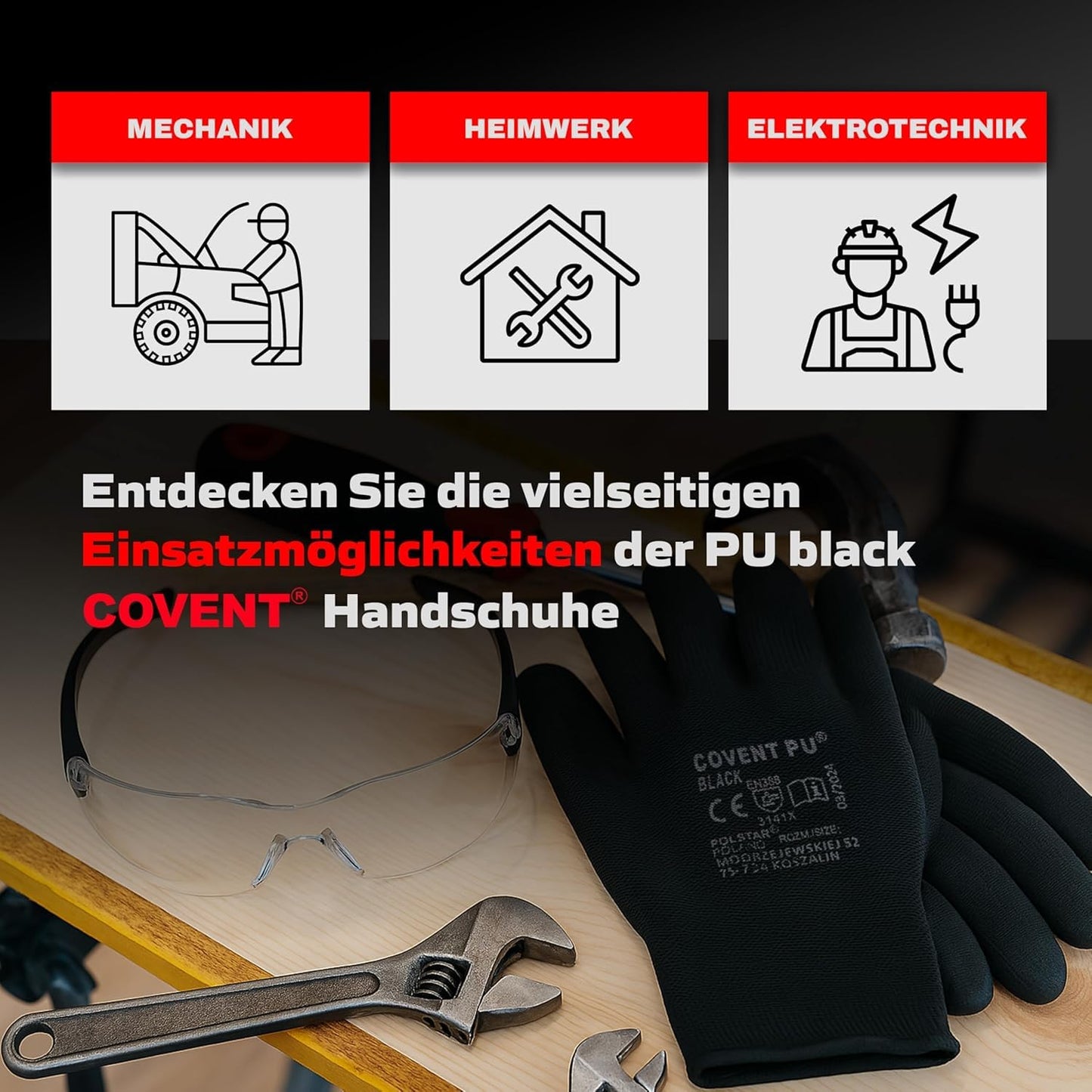 Covent PU Arbeitshandschuhe für Herren – Montagehandschuhe EN388 3141X – Abriebfeste Bauhandschuhe für Werkstatt, Lager und Mechanik