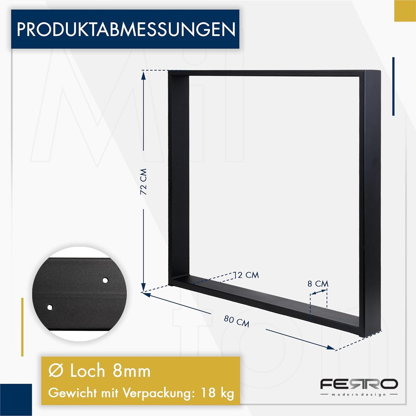 FERRO Tischbeine Metall Schwarz 72 cm – Modernes Tischgestell aus Stahl 2 mm – Tischfüße mit 8 mm Bohrungen & Kunststoffkappen