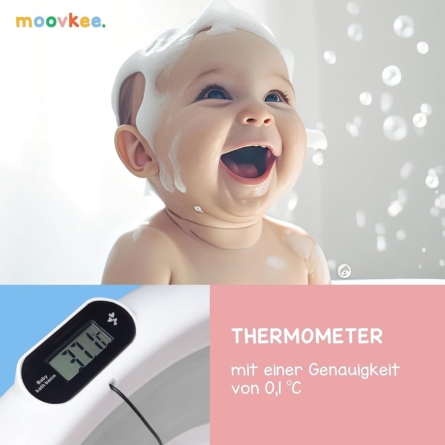 moovkee. Baby Badewanne 84,5cm Höhe - LCD-Thermometer - mit Komfort Badewannenkissen um das Baby zu Unterstützen - bis zu 30 kg