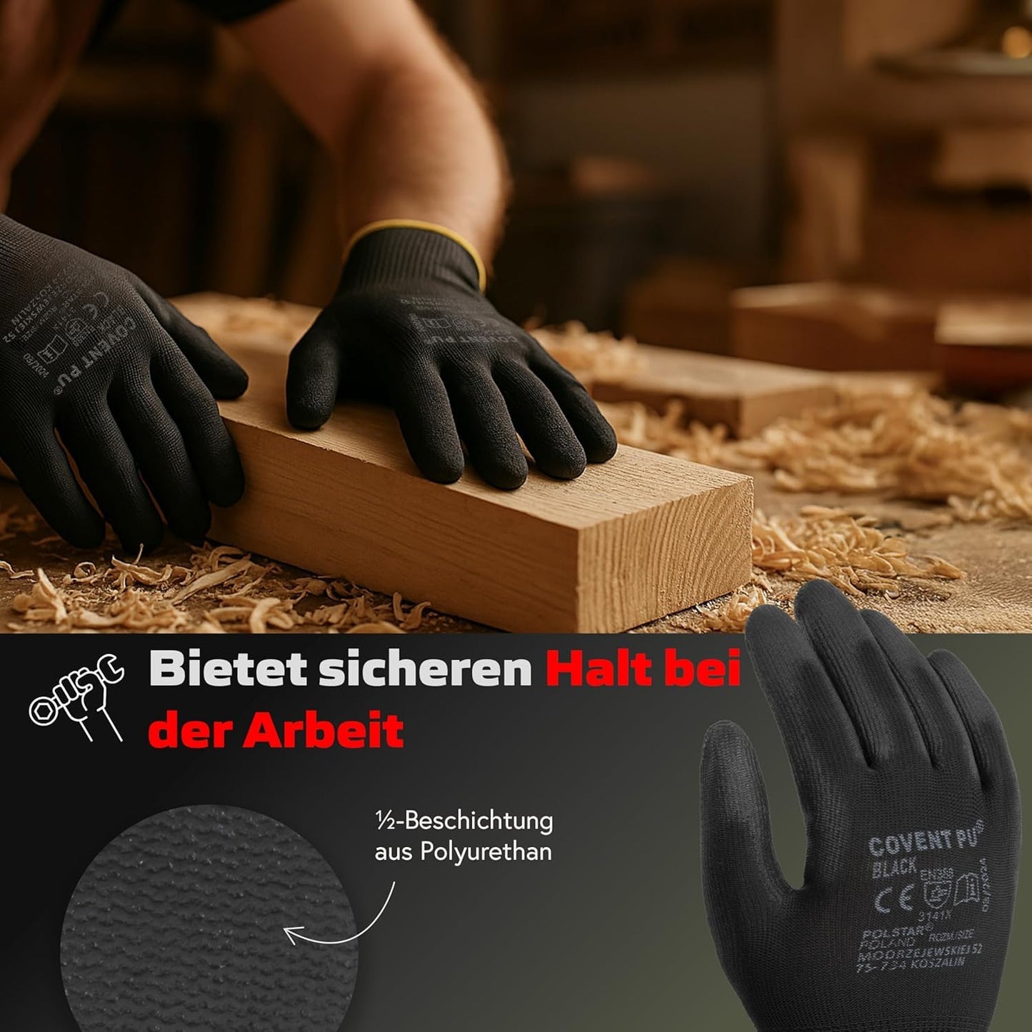 Covent PU Arbeitshandschuhe für Herren – Montagehandschuhe EN388 3141X – Abriebfeste Bauhandschuhe für Werkstatt, Lager und Mechanik