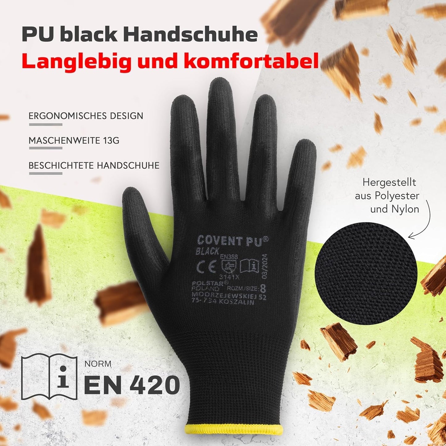 Covent PU Arbeitshandschuhe für Herren – Montagehandschuhe EN388 3141X – Abriebfeste Bauhandschuhe für Werkstatt, Lager und Mechanik
