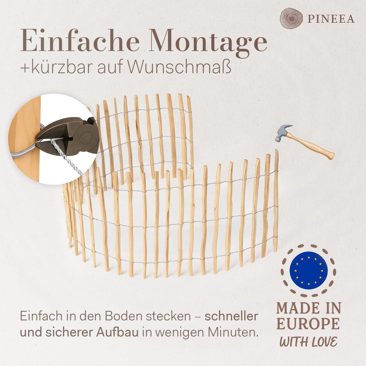 PINEEA Staketenzaun aus Haselnuss - 5M Lang – Wetterfester Holzzaun für Garten & Deko