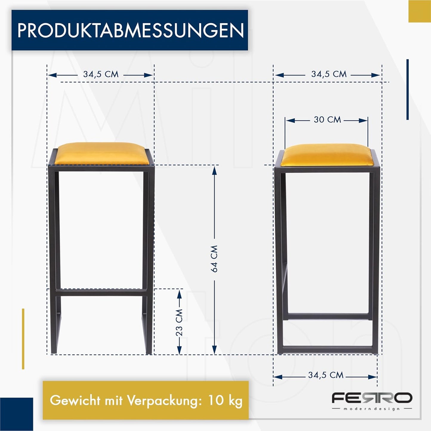 FERRO Barhocker ohne Lehne – Metall Barstuhl mit Polstersitz im Loft Design