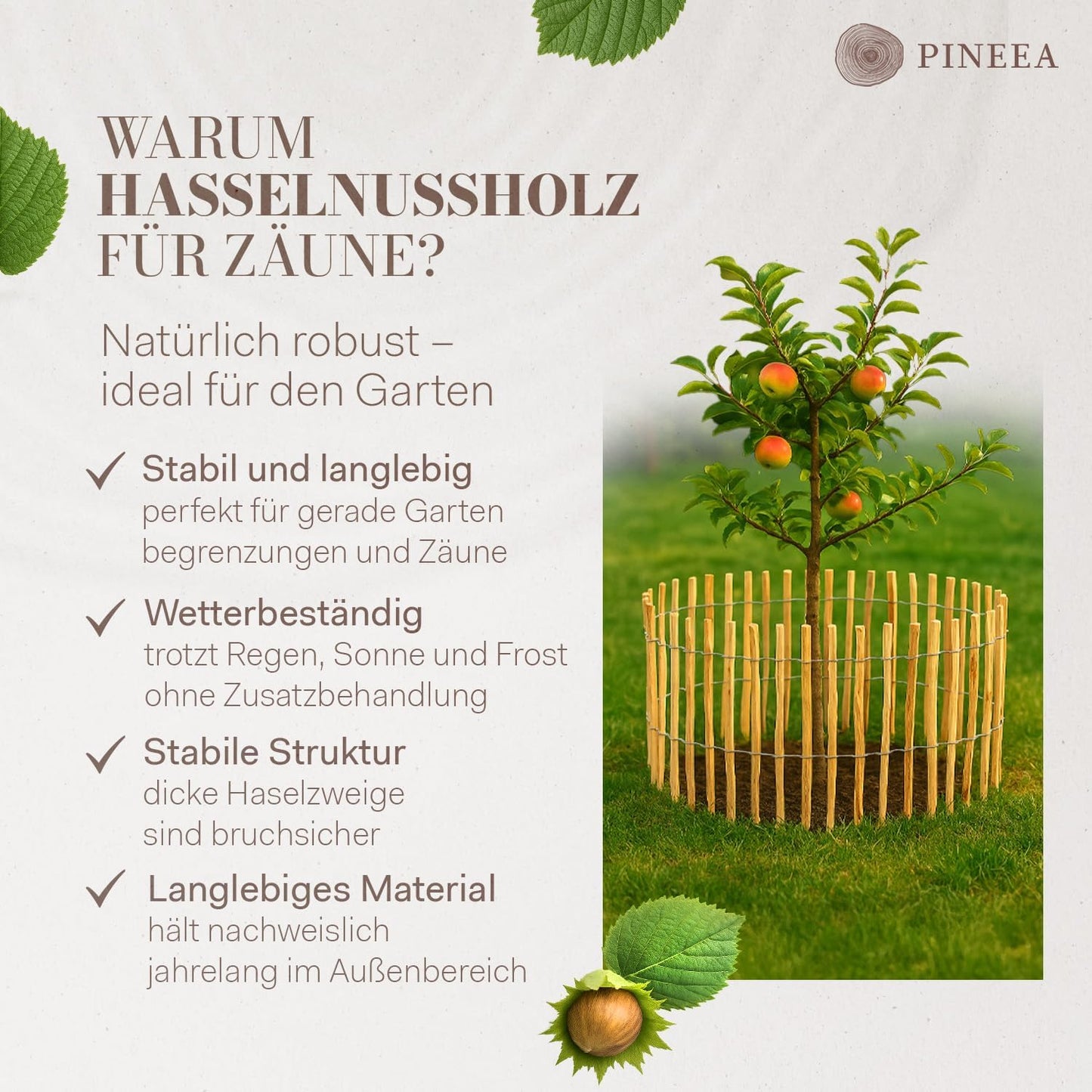 PINEEA Staketenzaun aus Haselnuss - 5M Lang – Wetterfester Holzzaun für Garten & Deko