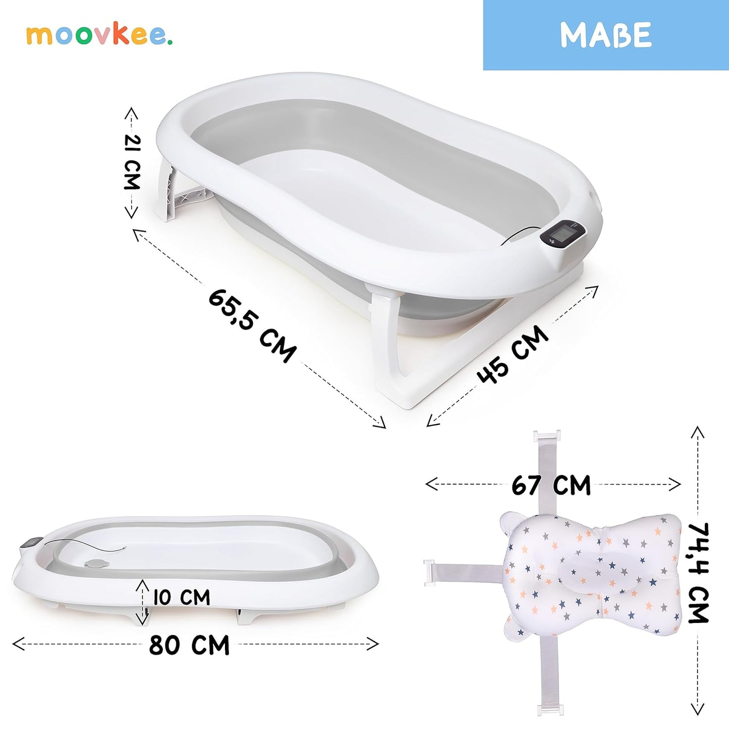 moovkee. Baby Badewanne 84,5cm Höhe - LCD-Thermometer - mit Komfort Badewannenkissen um das Baby zu Unterstützen - bis zu 30 kg