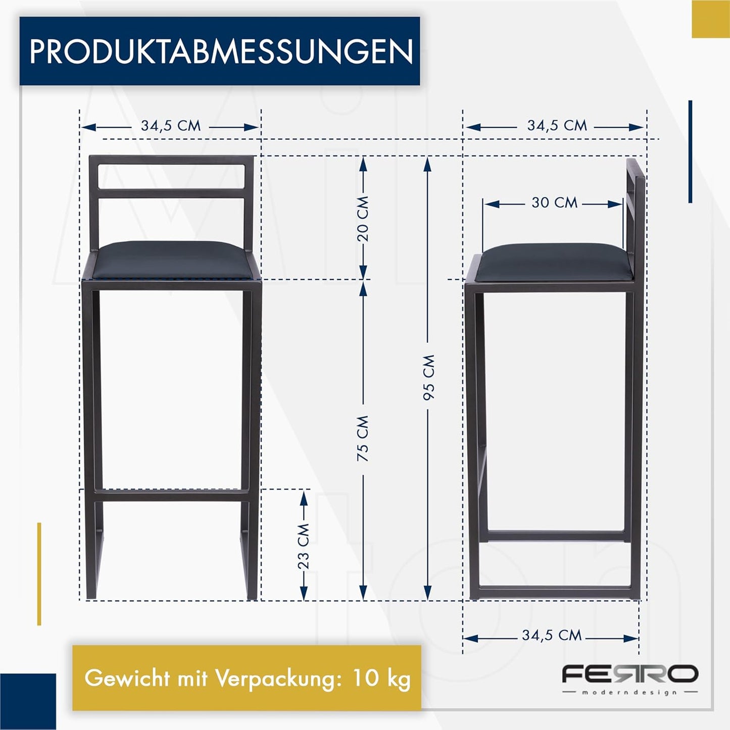 FERRO Barhocker – Metall Barstuhl mit Lehne & Polstersitz – Modernes Loft Design