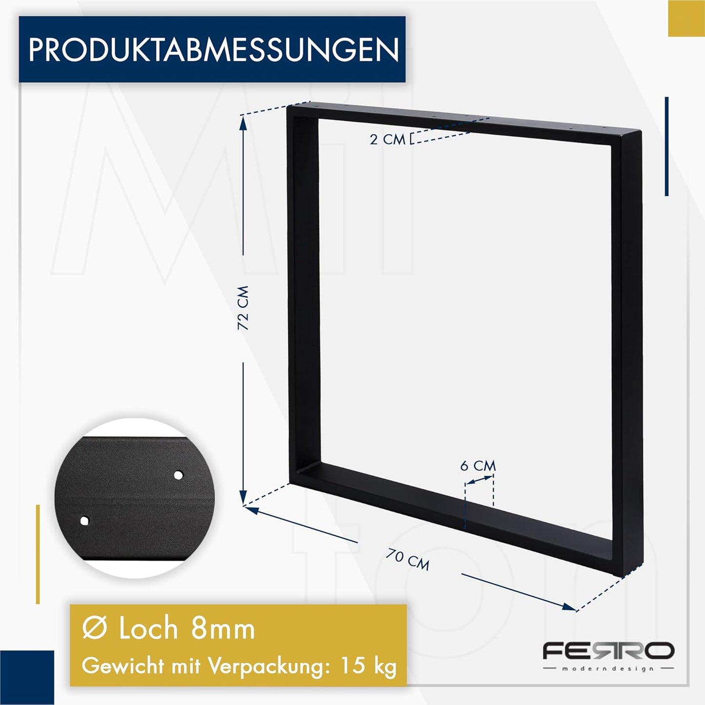 FERRO Tischbeine Metall Schwarz 72 cm – Modernes Tischgestell aus Stahl 2 mm – Tischfüße mit 8 mm Bohrungen & Kunststoffkappen