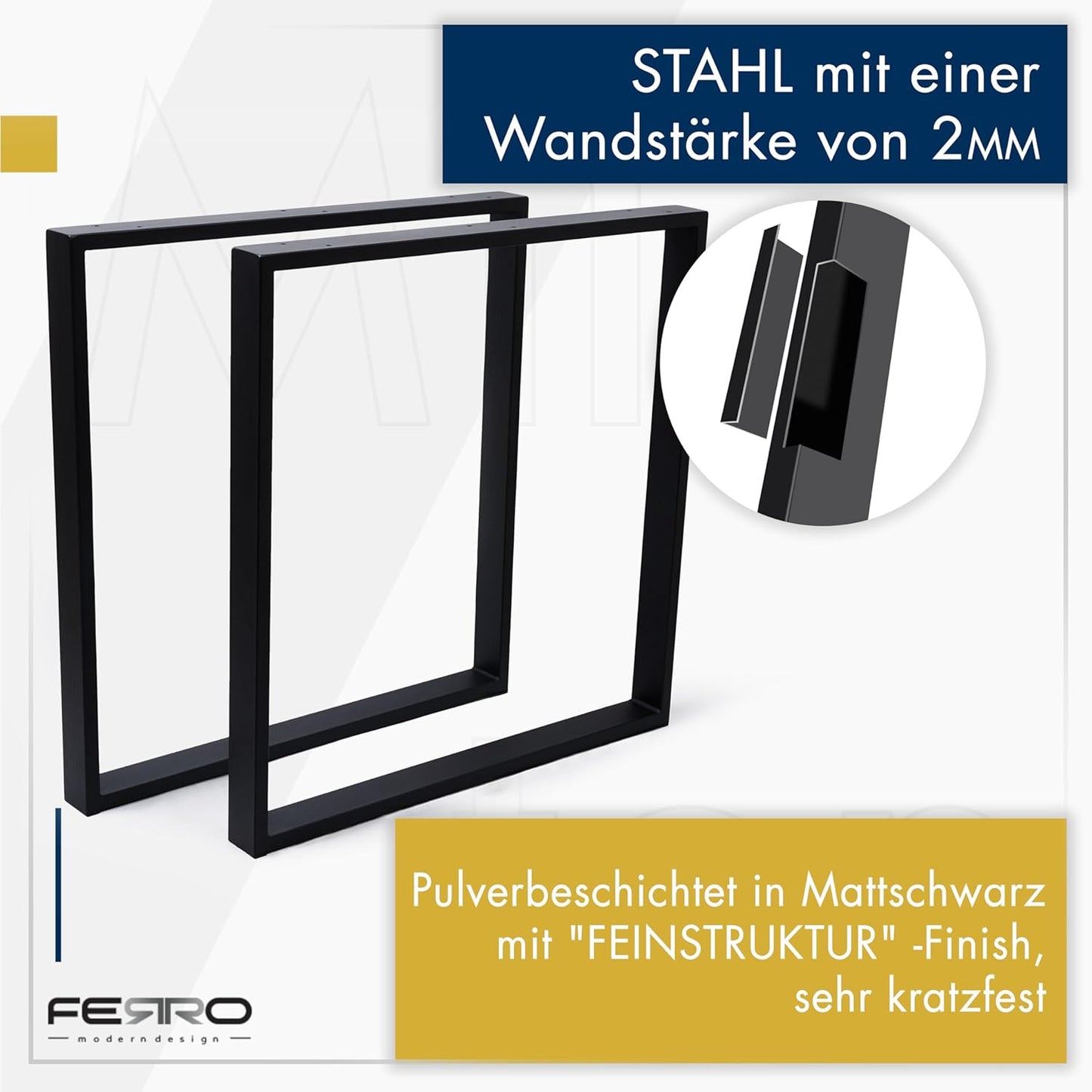 FERRO Tischbeine Metall Schwarz 72 cm – Modernes Tischgestell aus Stahl 2 mm – Tischfüße mit 8 mm Bohrungen & Kunststoffkappen