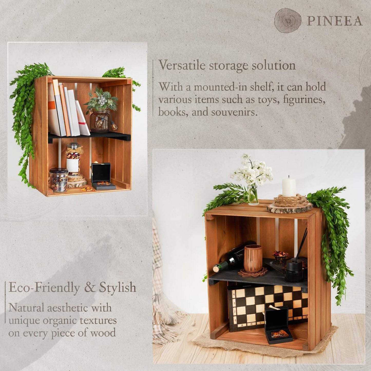 PINEEA Große Holzkiste Regal - Geflammt Vintage Obst- und Weinkiste 50x40x30 - Deko Holzbox