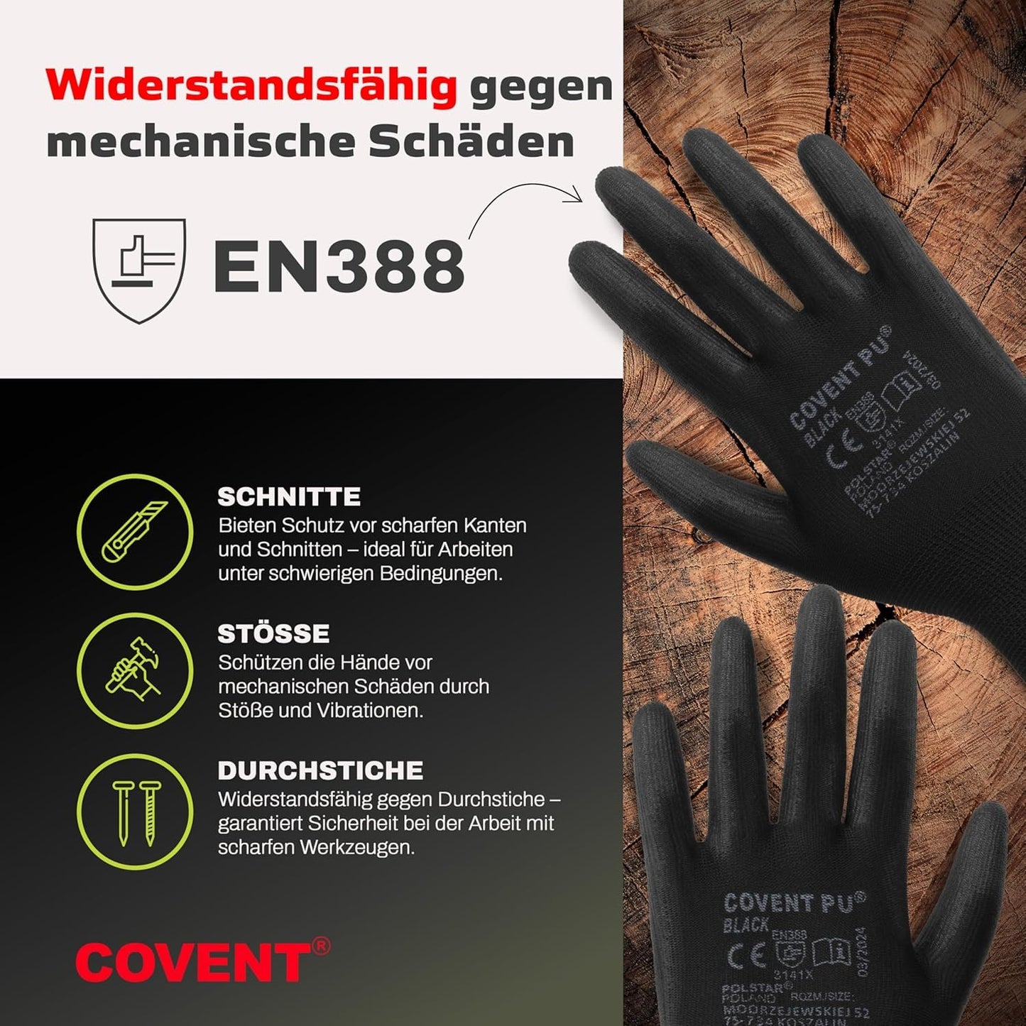 Covent PU Arbeitshandschuhe für Herren – Montagehandschuhe EN388 3141X – Abriebfeste Bauhandschuhe für Werkstatt, Lager und Mechanik