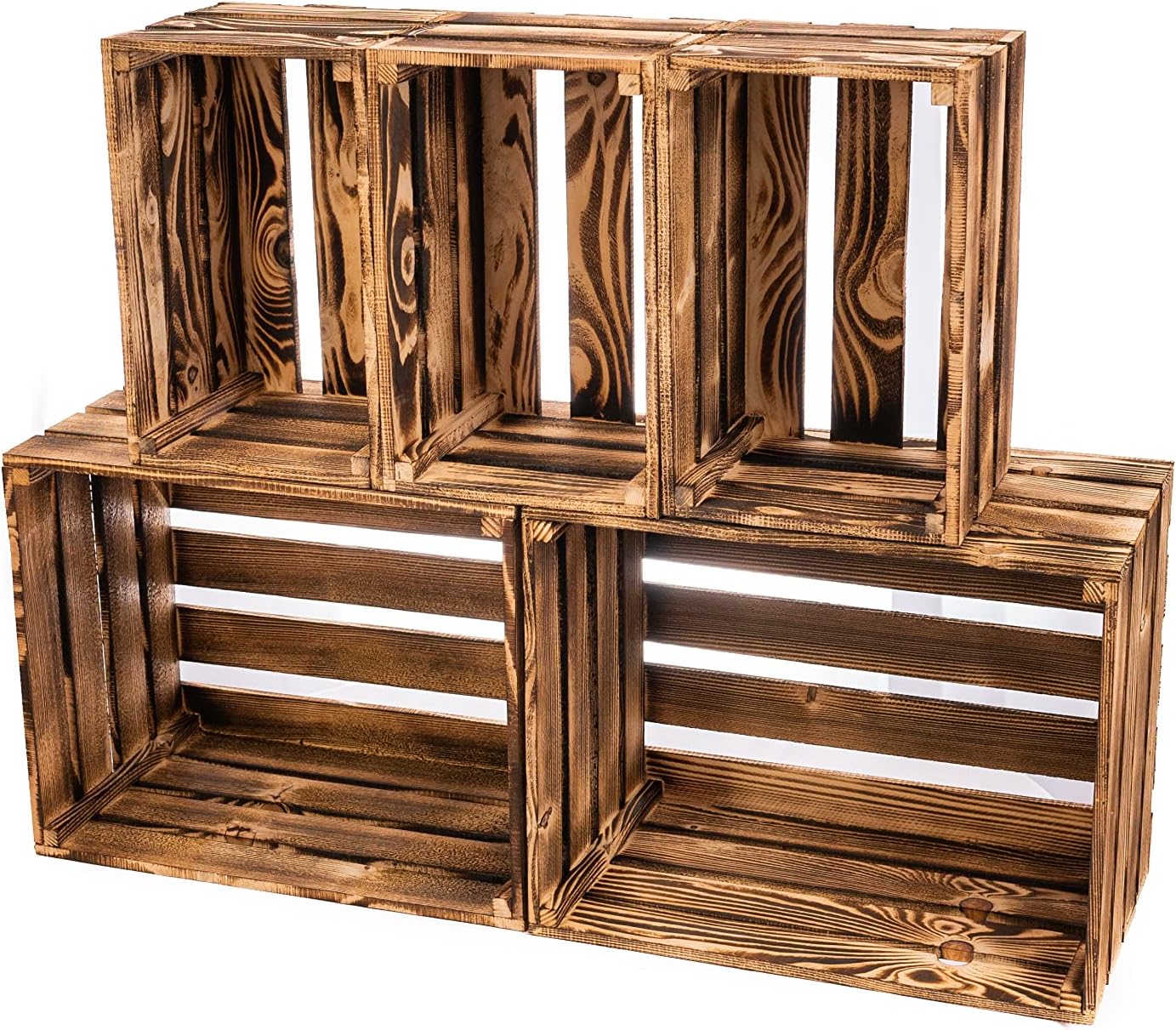 PINEEA Vintage Holzkisten Set - Große Weinkisten 2x (50x40x30) & 3x (30x20x15) - Natur Holzbox für Deko, Obst und Wein