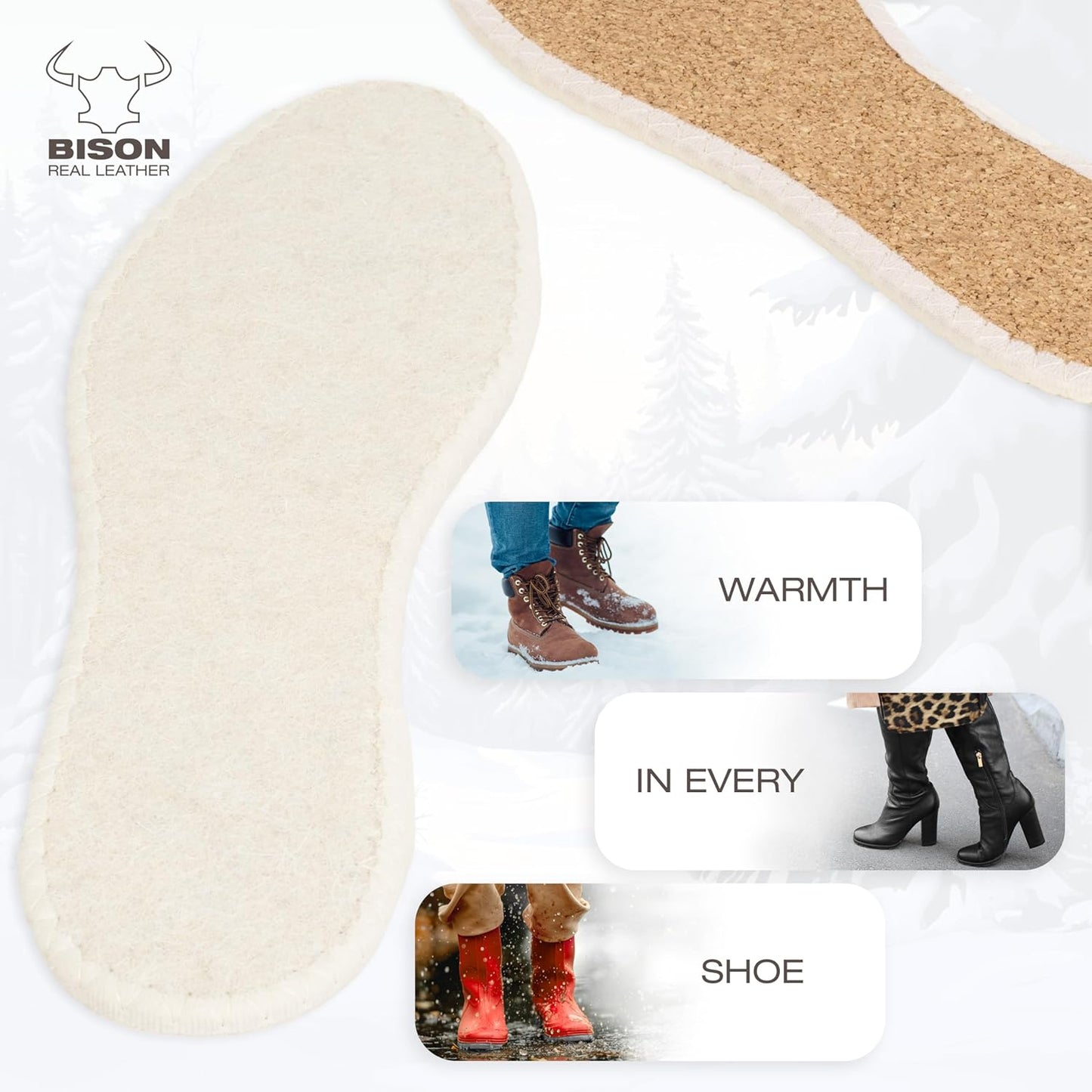 BISON Lammfell Einlegesohlen – 2 Paar Warme & Rutschfeste Schuhsohlen mit Naturkork – Extra Dicht für Damen & Herren