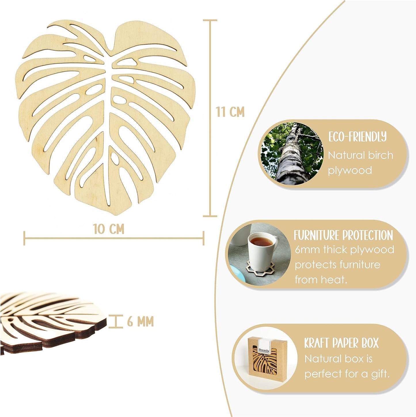 Decorify Untersetzer für Gläser aus Sperrholz - Holzuntersetzer 6 mm (Monstera)