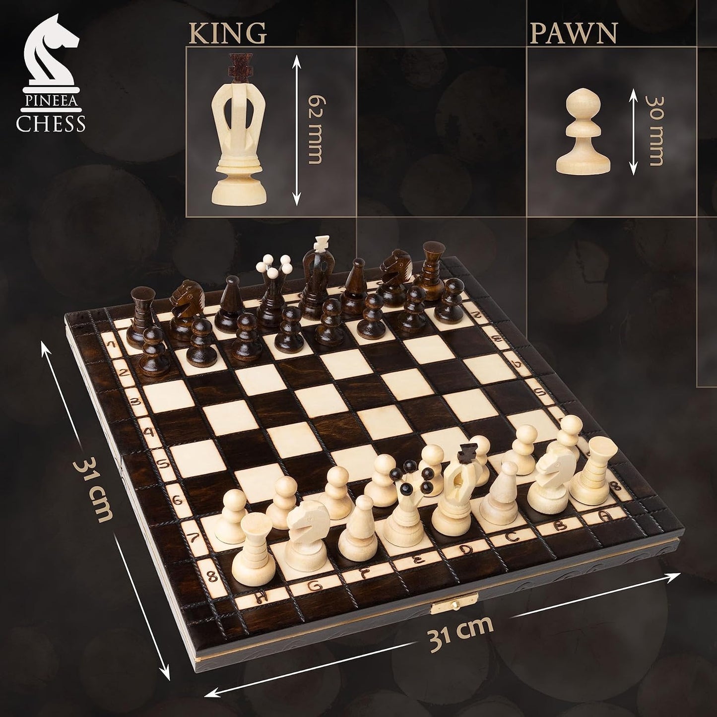 PINEEA Schachbrett Holz - Handgemachtes Schach Brett - Klappbares Chess Board Set