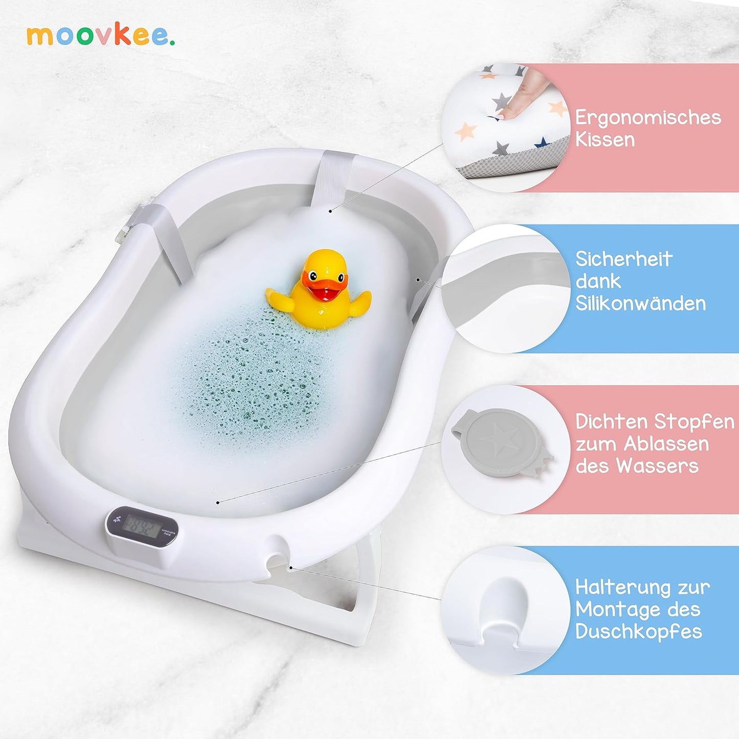 moovkee. Baby Badewanne 84,5cm Höhe - LCD-Thermometer - mit Komfort Badewannenkissen um das Baby zu Unterstützen - bis zu 30 kg