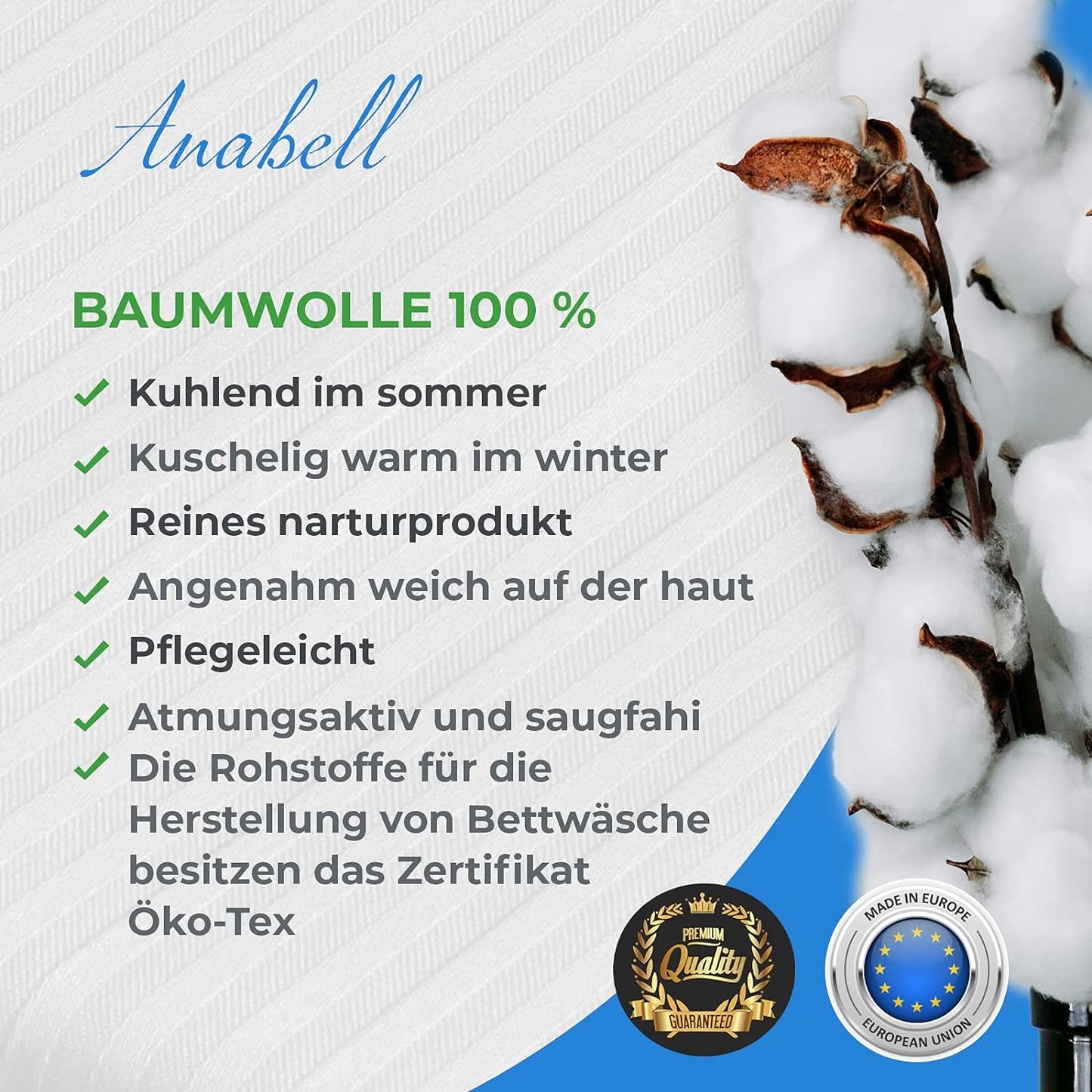 Anab Kuschelige Bettwäsche aus 100% Bio-Baumwolle – Weißes Set mit Reißverschluss, Verschiedene Größen (200x200, 2x Kissenbezüge 80x80)