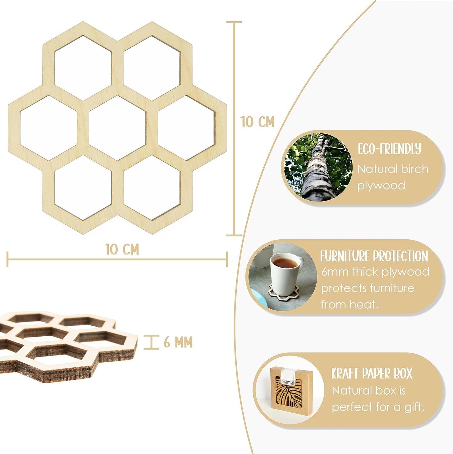 Decorify Untersetzer für Gläser aus Sperrholz - Holzuntersetzer 6 mm (Hexagon)