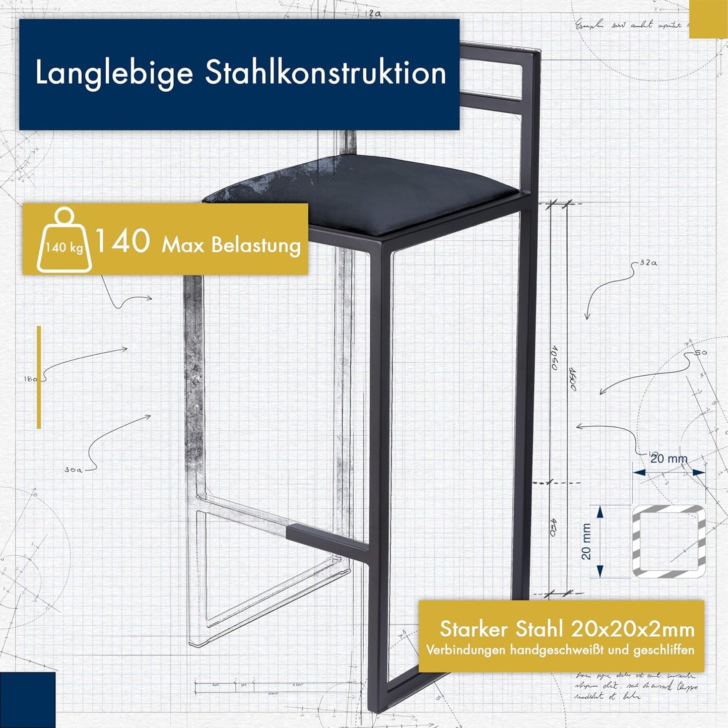 FERRO Barhocker – Metall Barstuhl mit Lehne & Polstersitz – Modernes Loft Design