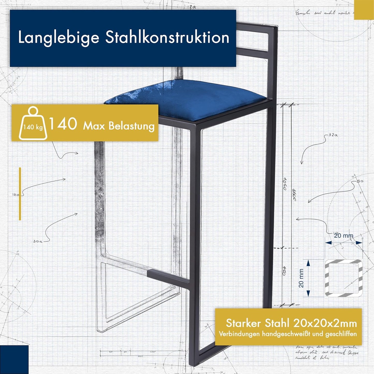 FERRO Barhocker mit Lehne – Metall Barstuhl mit Polstersitz im modernen Loft Design