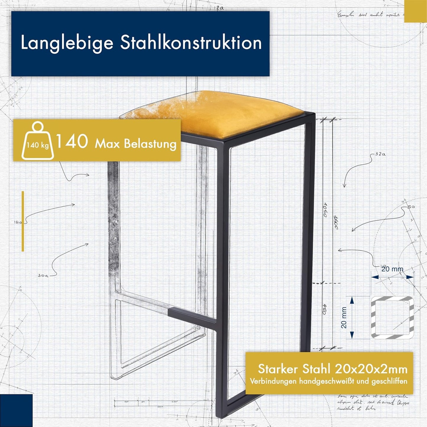 FERRO Barhocker ohne Lehne – Metall Barstuhl mit Polstersitz im Loft Design