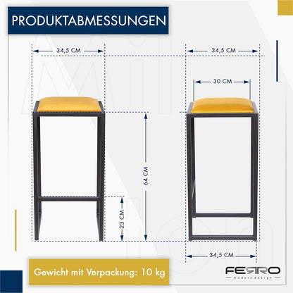 FERRO Barhocker ohne Lehne – Metall Barstuhl mit Polstersitz im Loft Design