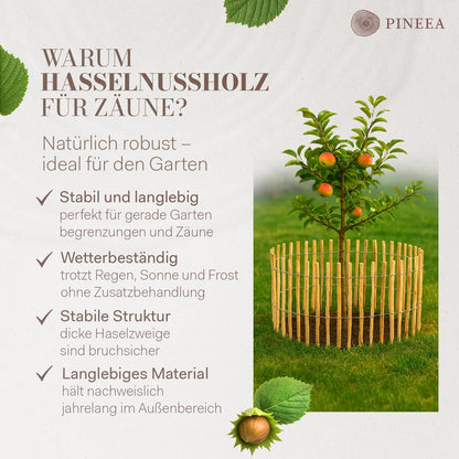 PINEEA Staketenzaun aus Haselnuss - 5M Lang – Wetterfester Holzzaun für Garten & Deko