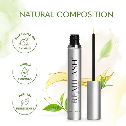 Remilash Wimpernserum 3 ml - 100% Organic, Schnelles Wachstum in 4 Wochen, Ohne Hormone, Für Empfindliche Augen