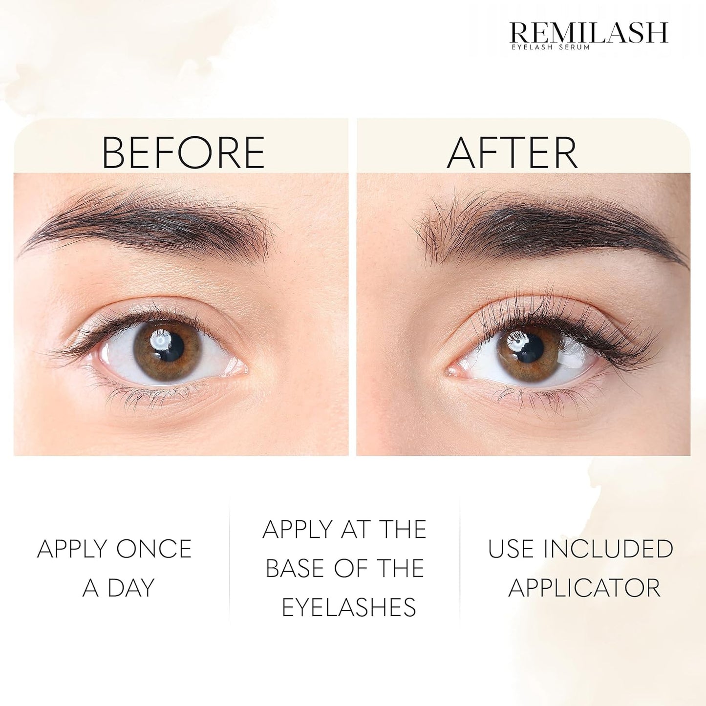 Remilash Wimpernserum 3 ml - 100% Organic, Schnelles Wachstum in 4 Wochen, Ohne Hormone, Für Empfindliche Augen
